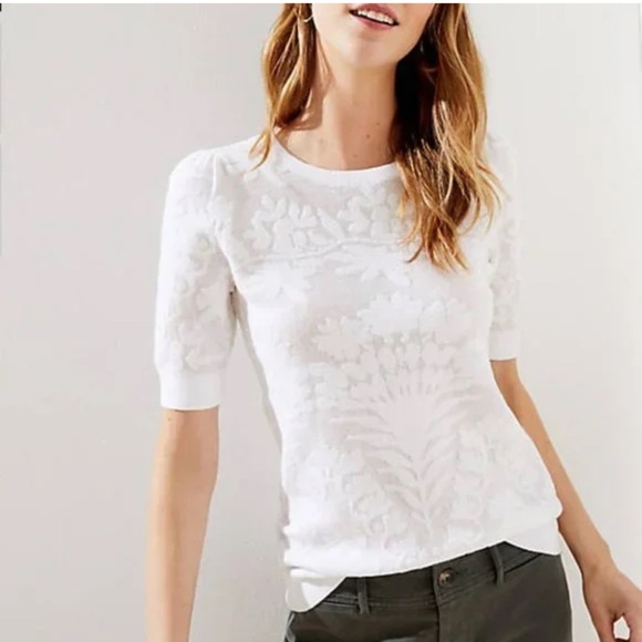 LOFT floral jacquard puff sleeve short sleeve knit sweater in white - Picture 1 of 11